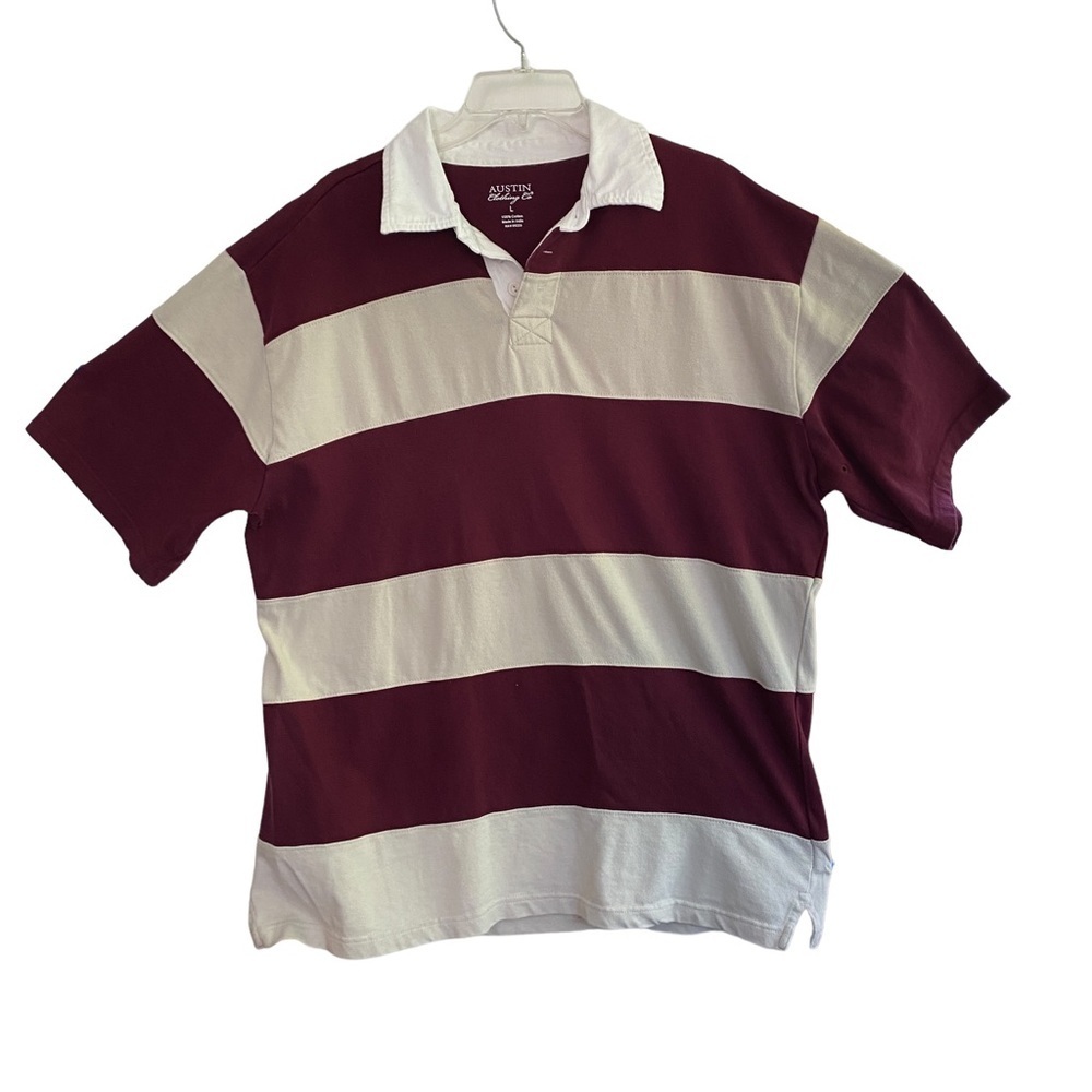 AUSTIN CLOTHING Co. Rugby Shirt Short Sleeve Maroon/Cream White Collar Size L